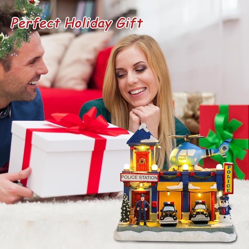 Vipush Christmas Village House Decorations Resin Police Station Home Decor Indoor Building Figurines Revolving Train with LED Light and 8 Christmas Music for Kids - Image 5